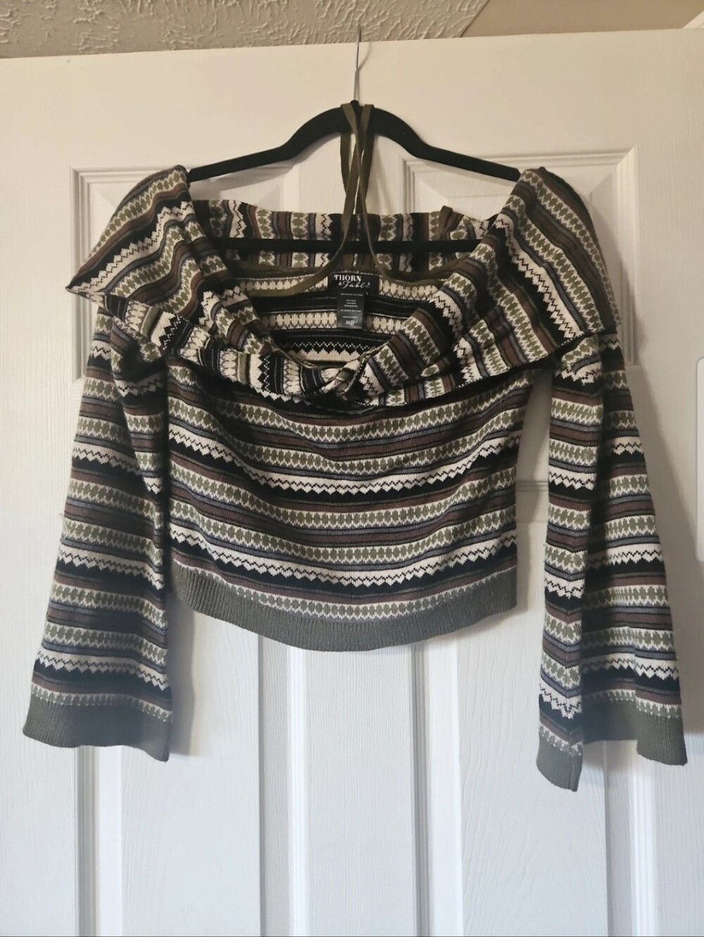 Striped Off-Shoulder Crop Top in Olive Green